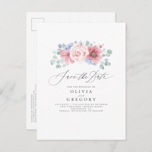 Dusty Roos en Dusty Blue Floral Save the Date Aankondigingskaart (Voorkant / Achterkant)