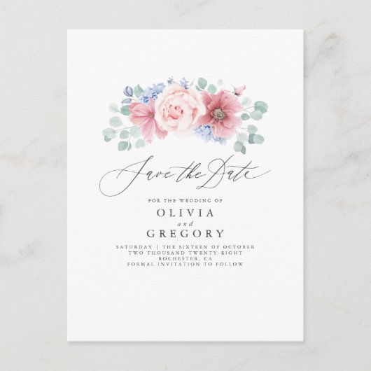 Dusty Roos en Dusty Blue Floral Save the Date Aankondigingskaart (Voorkant)