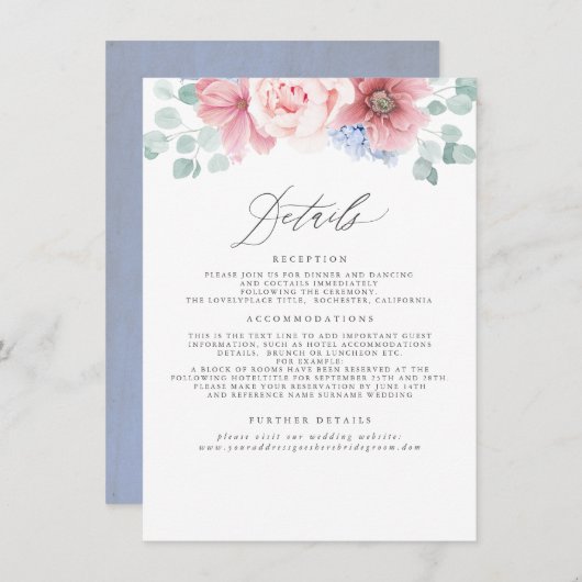 Dusty Roos en Dusty Blue Floral Wedding Details Informatiekaartje (Voorkant / Achterkant)