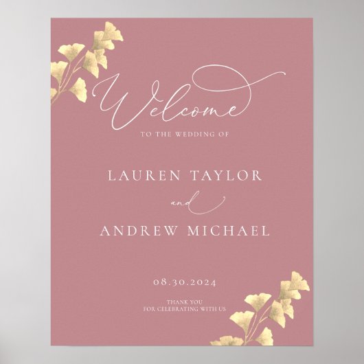 Dusty Roos en Gold Greenery Wedding Welcome Sign Poster (Voorkant)