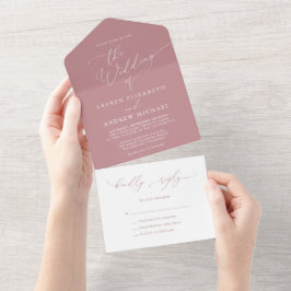 Dusty Roos en White Minimalist Wedding All In One Uitnodiging