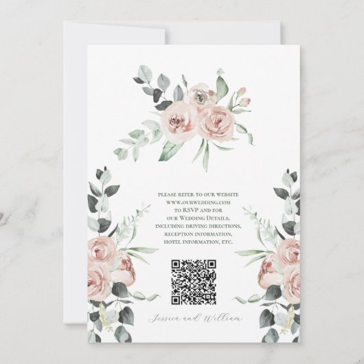 Dusty Roos Eucalyptus Floral QR Code Huwelijk Kaart (Achterkant)