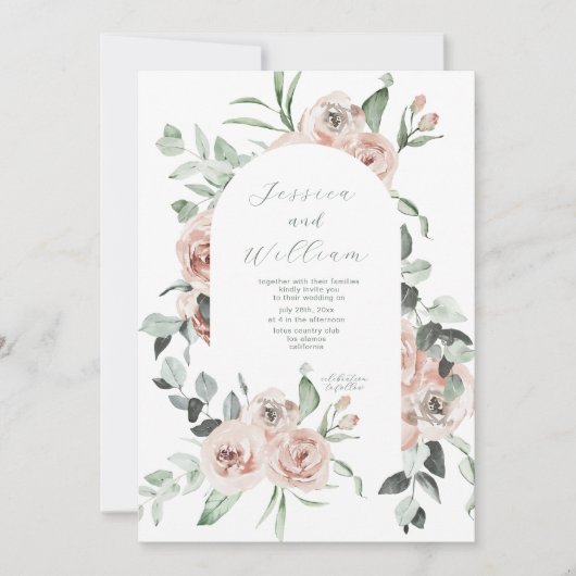 Dusty Roos Eucalyptus Script QR Code Wedding Kaart (Voorkant)