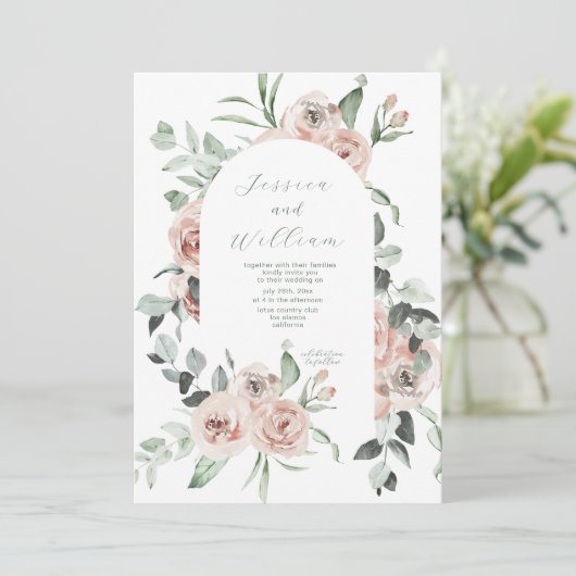 Dusty Roos Eucalyptus Script QR Code Wedding Kaart (Staand voorkant)