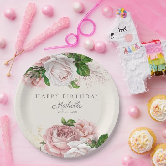 Dusty Roos Floral Birthday Papieren Bordje (Feest)