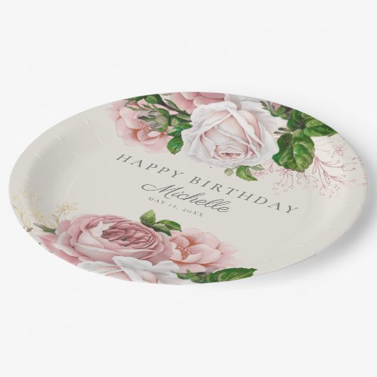 Dusty Roos  Floral Birthday Papieren Bordje (Gekanteld)