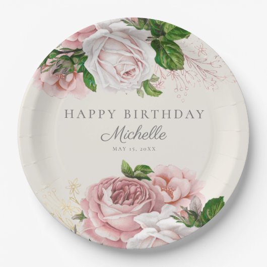 Dusty Roos  Floral Birthday Papieren Bordje (Voorkant)