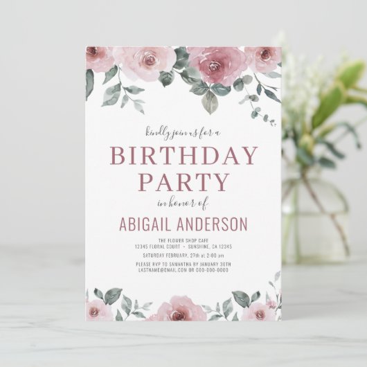 Dusty Roos Floral Birthday Party any Age  Kaart (Staand voorkant)