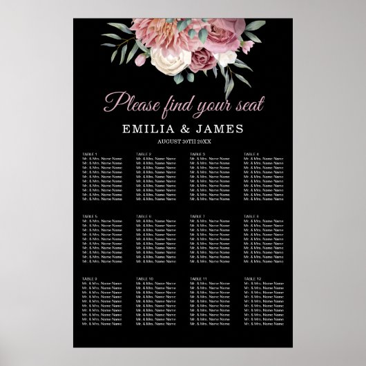 Dusty Roos Floral Black Wedding Seating Chart Poster (Voorkant)