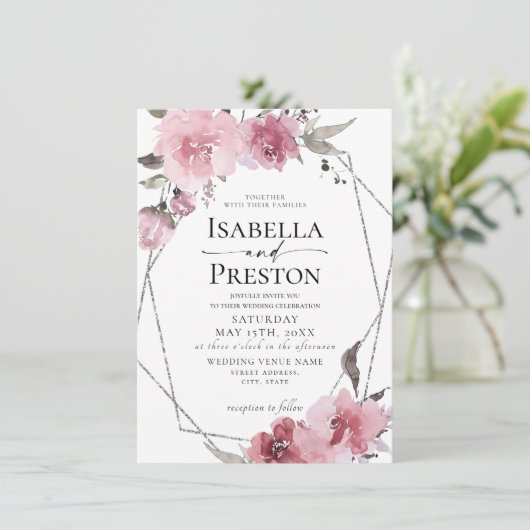 Dusty Roos Floral Blush Boho Silver Foil Wedding Kaart (Staand voorkant)