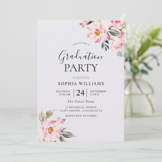 Dusty Roos Floral Blush Pink Graduation Party Kaart (Staand voorkant)