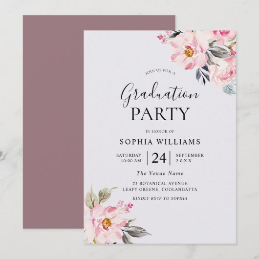 Dusty Roos Floral Blush Pink Graduation Party Kaart (Voorkant / Achterkant)