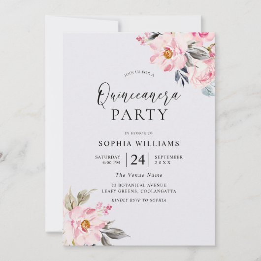 Dusty Roos Floral Blush Pink Quinceanera Party Kaart (Voorkant)