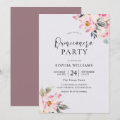 Dusty Roos Floral Blush Pink Quinceanera Party Kaart (Voorkant / Achterkant)