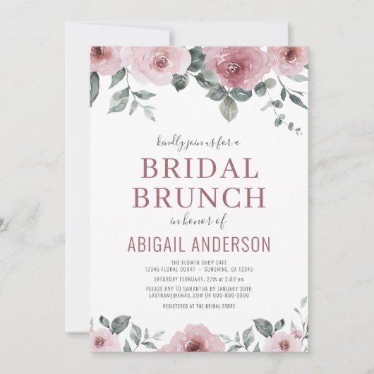 Dusty Roos Floral Bridal Brunch Shower Invitation  Kaart (Voorkant)