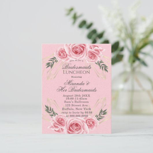 Dusty Roos Floral Bridesmaids Luncheon Invites Kaart (Staand voorkant)