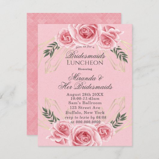 Dusty Roos Floral Bridesmaids Luncheon Invites Kaart (Voorkant / Achterkant)
