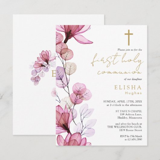 Dusty Roos Floral Eerste Heilige Communie Uitnodig Briefkaart (Voorkant / Achterkant)