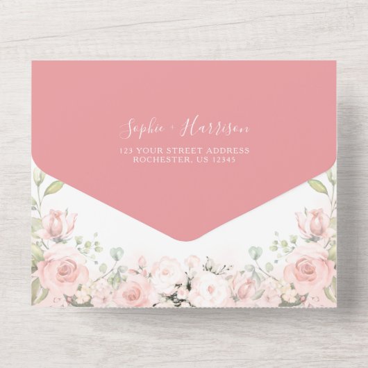 Dusty Roos Floral Elegant Blush Pink Weddenschap All In One Uitnodiging (Achterkant)