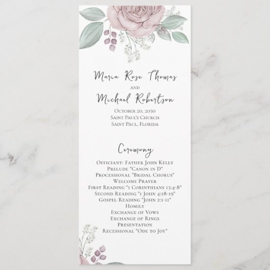 Dusty Roos Floral Elegant Flower Ceremony Programm Programmakaart (Voorkant)