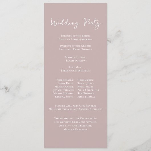 Dusty Roos Floral Elegant Flower Ceremony Programm Programmakaart (Achterkant)