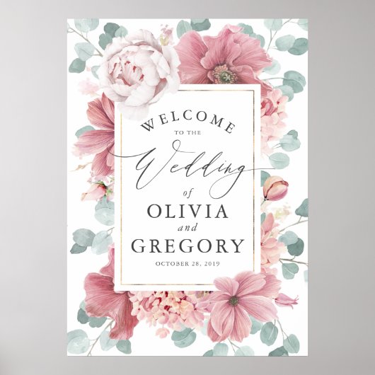 Dusty Roos Floral Elegant Greenery Wedding Welkom Poster (Voorkant)
