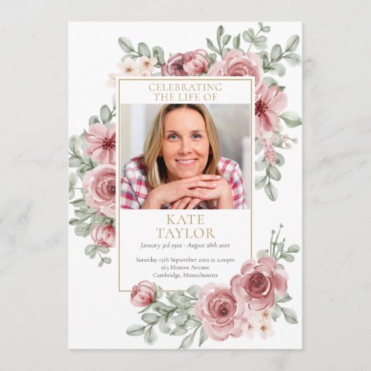 Dusty Roos Floral Funeral Order of Service Programmakaart (Voorkant)