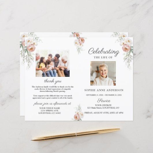 Dusty Roos Floral Funeral Service Photo-programma (Voorkant / Achterkant in situ)