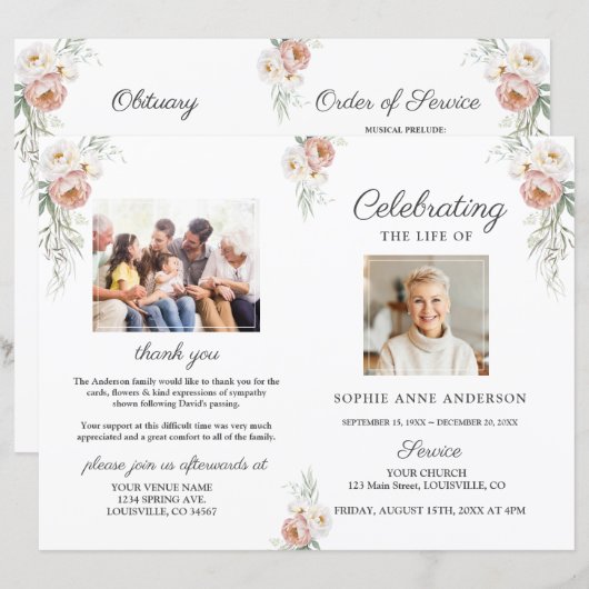 Dusty Roos Floral Funeral Service Photo-programma (Voorkant / Achterkant)