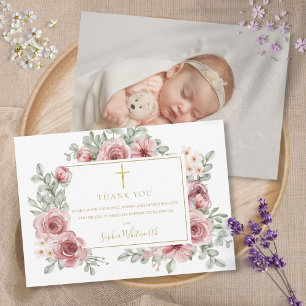 Dusty Roos Floral Gold Baptism Christening Foto Bedankkaart
