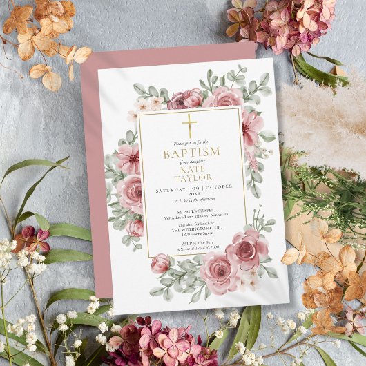 Dusty Roos Floral Gold Baptisme Christening Kaart