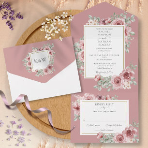 Dusty Roos Floral Gold Geometric Wedding All In One Uitnodiging