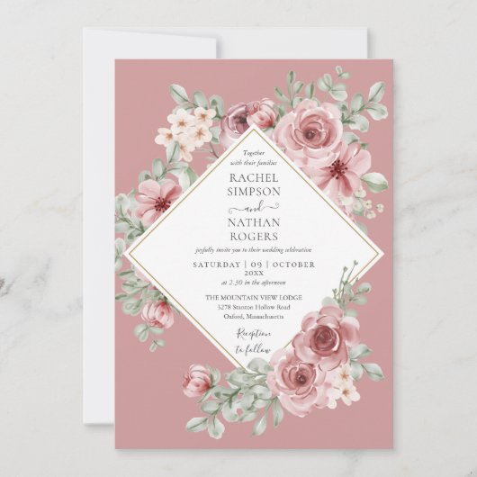 Dusty Roos Floral Gold Geometric Wedding Kaart (Voorkant)