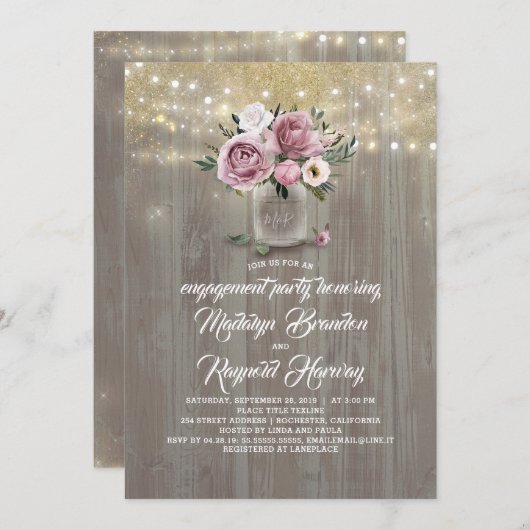 Dusty Roos Floral Mason Jar Rustiek Verloving Kaart (Voorkant / Achterkant)