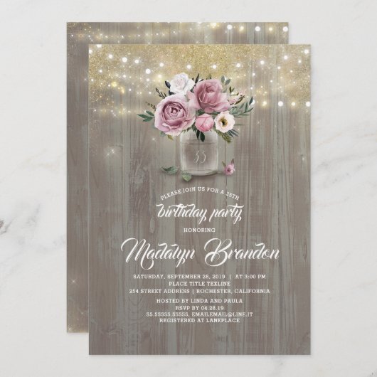 Dusty Roos Floral Mason Jar Rustieke Verjaardag Kaart (Voorkant / Achterkant)