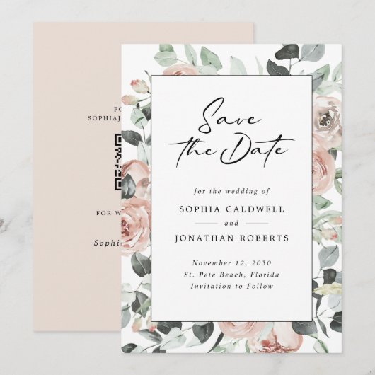 Dusty Roos Floral Modern Calligraphy Wedding Save The Date (Voorkant / Achterkant)
