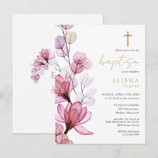 Dusty Roos Floral Monogram Doopuitnodiging Briefkaart (Voorkant / Achterkant)