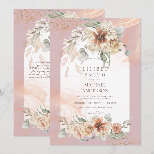 Dusty Roos Floral Pampas Grass REHEARSAL DINNER (Voorkant / Achterkant)