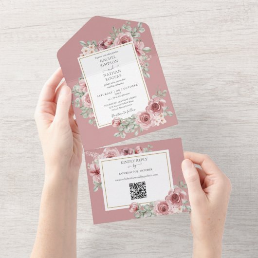Dusty Roos Floral QR Code Bruiloft All In One Uitnodiging (Afscheurbaar)