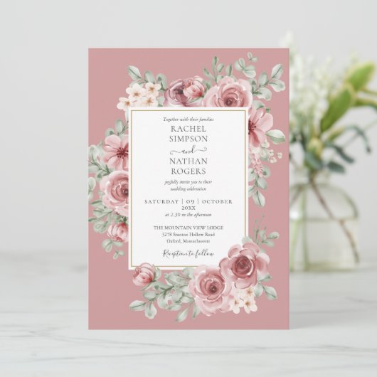 Dusty Roos Floral QR Code Bruiloft Kaart (Staand voorkant)