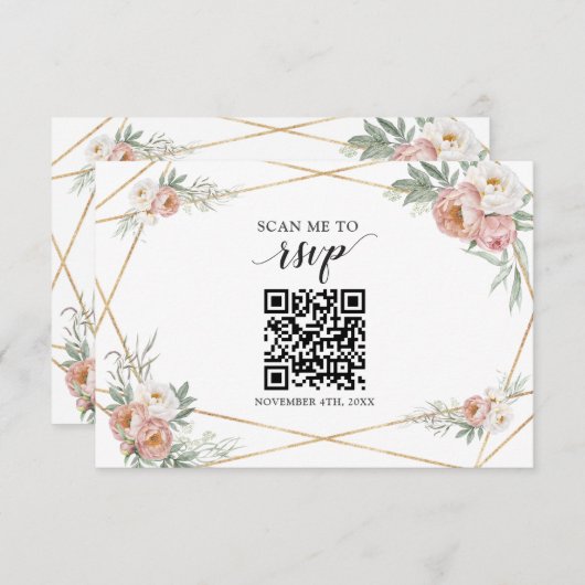 Dusty Roos Floral QR Code Voeg je URL Weddenschap RSVP Kaartje (Voorkant / Achterkant)