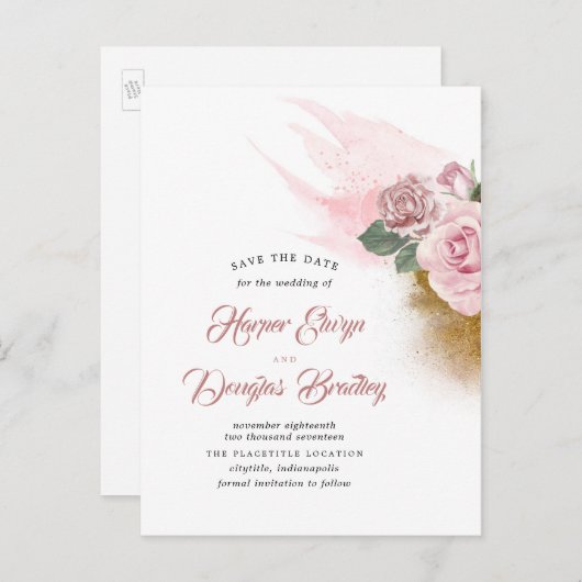 Dusty Roos Floral Save the Date Aankondigingskaart (Voorkant / Achterkant)