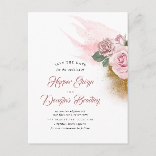 Dusty Roos Floral Save the Date Aankondigingskaart (Voorkant)