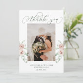 Dusty Roos Floral Script Photo Weddenschap Bedankt (Staand voorkant)