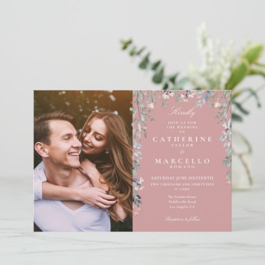 Dusty Roos Floral Wildflower Foto Weddenschap Kaart (Staand voorkant)