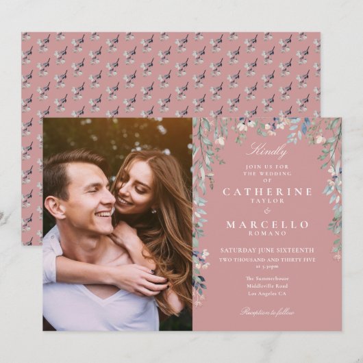 Dusty Roos Floral Wildflower Foto Weddenschap Kaart (Voorkant / Achterkant)