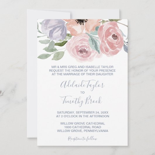 Dusty Roos Florals Formele bruiloft Kaart (Voorkant)