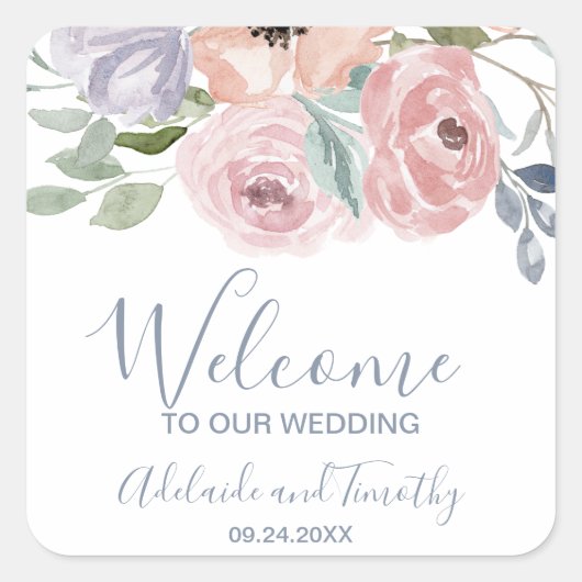 Dusty Roos Florals Weddenschap Welkom Vierkante Sticker (Voorkant)
