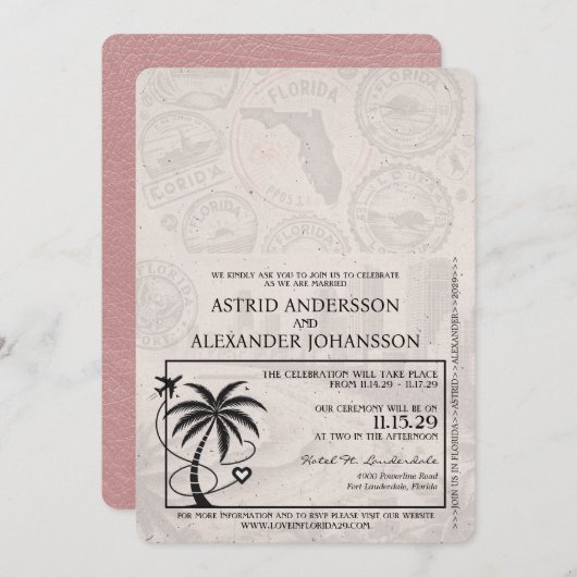 Dusty Roos Florida Passport Wedding Invitation Kaart (Voorkant / Achterkant)