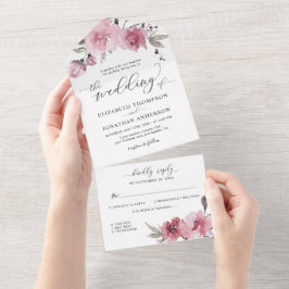 Dusty Roos Flowers Blush Pink Floral Wedding RSVP All In One Uitnodiging